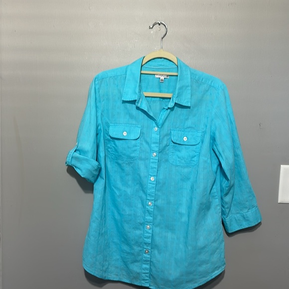 Croft & Barrow Turquoise Shirt, Roll-Tab Sleeves, Button-Up, L, 100% Cotton, EUC - Picture 5 of 8